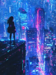 Digital Drawing and Painting of the Top down view shows a full-body image of a woman standing on the rooftop of a building, gazing out at an entire futuristic city