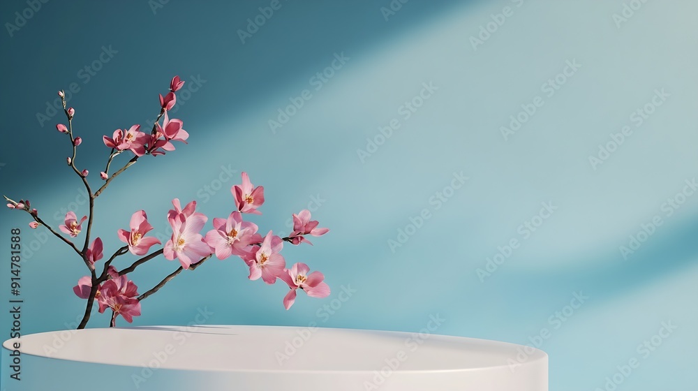 Poster Abstract empty white podium with geometric shadows and pink flowers on blue background Mock up stand for product presentation 3D Render Minimal concept Advertising template : Generative AI