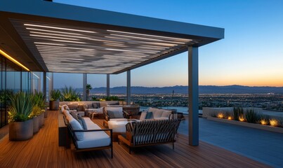 Fototapeta premium Modern and Elegant Lounge Area with Wood Flooring, LED Lighting, and Desert View at Dusk