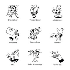 Set of Biology Study Doodle Style Icons 

