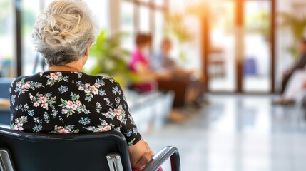 An old woman sits in a hospital corridor waiting to see a doctor.