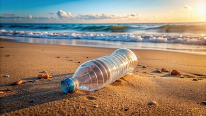 Plastic-waste water bottle washed up on sandy beach , pollution, ocean, environmental, trash, conservation, litter