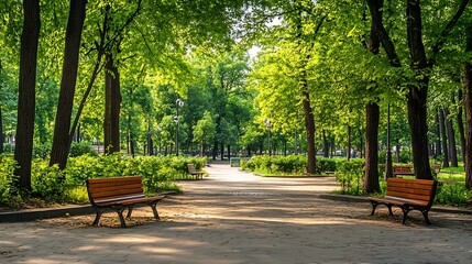 Park scenery with benches in summer 21st century forest and plaza : Generative AI