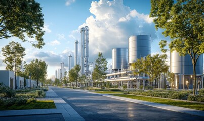 Futuristic Hydrogen-Powered Residential District: Clean Energy Vision with Central Hydrogen Plant, Steel Tanks, and Pipelines. Sustainable Community Living Powered by Green Technology. Wide-Angle 4K W
