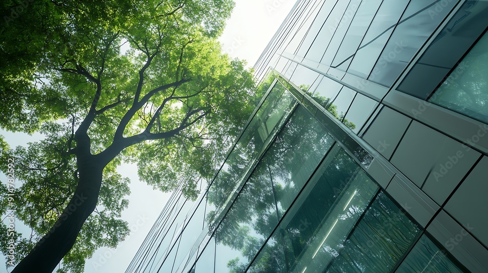 Poster ecofriendly building in the modern city sustainable glass office building with tree for reducing hea