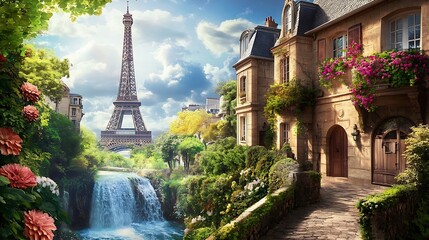 Obraz premium Beautiful view of the Eiffel Tower with access to the garden with old houses flowers and waterfalls Digital collage mural and mural Wallpaper Poster design Modular panel : Generative AI