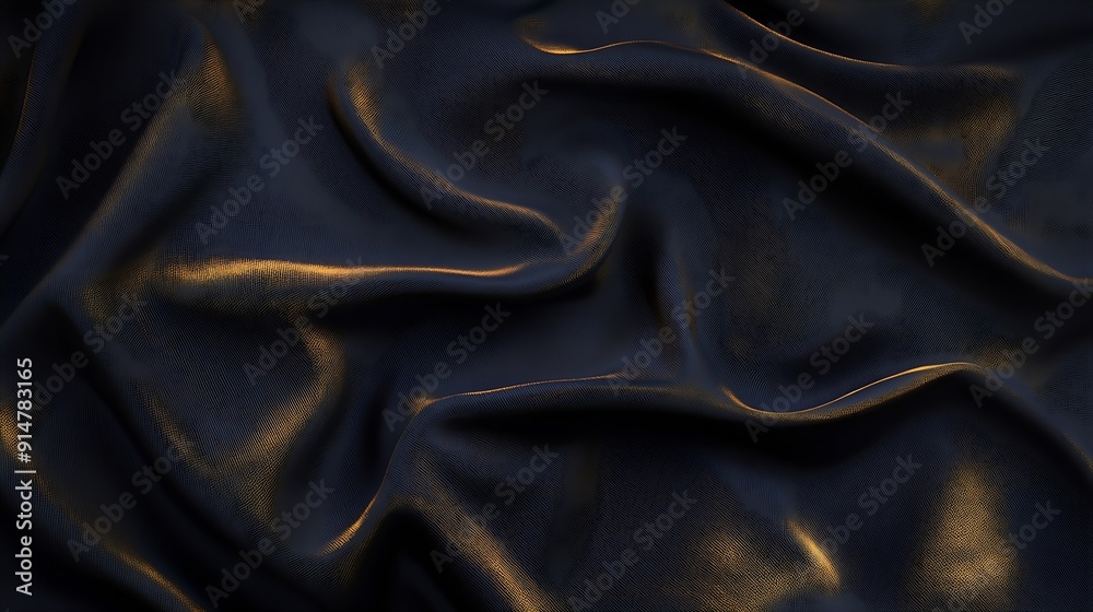 Poster A slightly wrinkled fabric background in dark color with golden lines : Generative AI