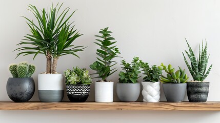 Obraz premium A Row of Green Plants on a Wooden Shelf
