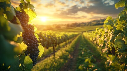 Fototapeta premium Wine Production: Lush Green Fields with Vines and Ripe Grapes, Harvest Time Visuals. Generative AI