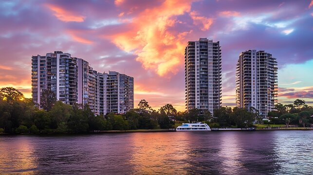 High rise residential appartments on Parramatta River at Sunset with colourful skies Sydney NSW Australia : Generative AI