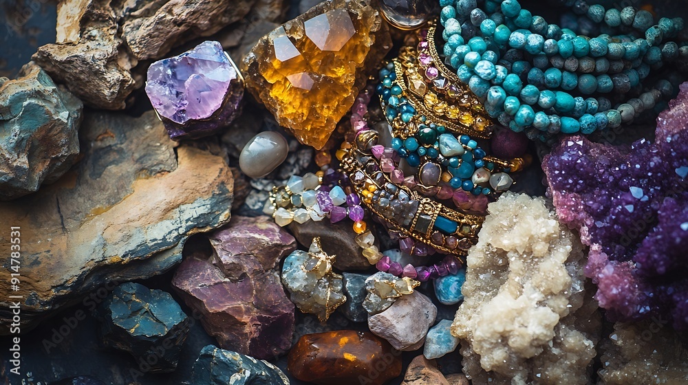 Aufkleber Collection of various raw mineral gemstones with handmade bracelets : Generative AI