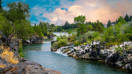 The Heart of Idaho Falls over the Snake River Waterfront in Bonneville County, Idaho, USA: The...