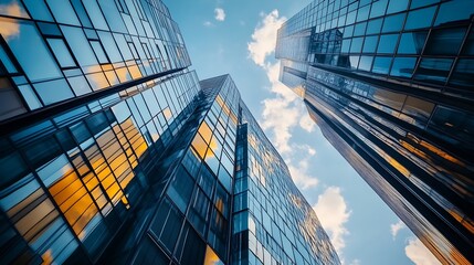 Low angle view of modern office building by construction site against sky in city : Generative AI