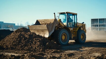 Obraz premium A heavy loader is moving a large amount of dirt at a construction site in an urban area on a clear day : Generative AI