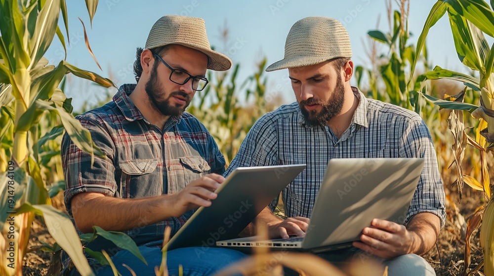 Aufkleber two smart farmers using laptop to examining quantity and quality crop of corn vegetables while worki