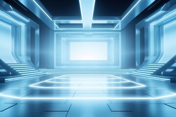 Fototapeta premium Futuristic blue neon glowing room with stairs and empty frame.