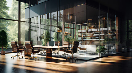 Office space with a glass wall partition.