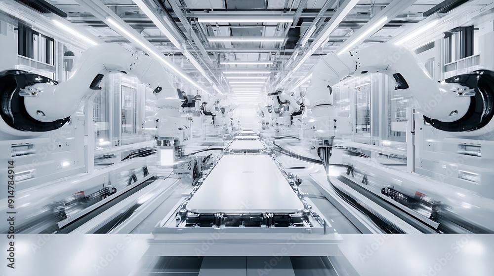 Poster front view electric car battery manufacturing line industrial robot arms assemble lithiumion ev batt