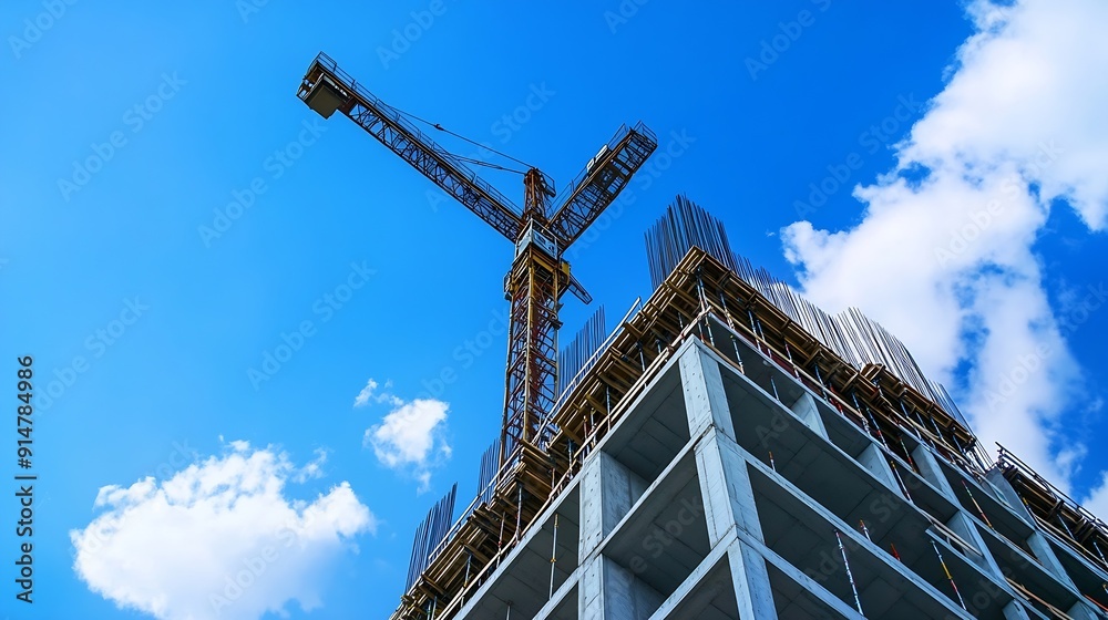 Poster multistory construction site with crane and blue sky : generative ai
