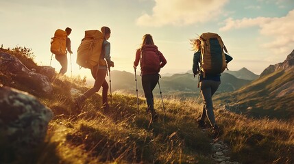 Group of happy young hikers are having fun in sunset mountains : Generative AI