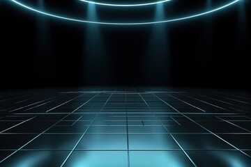Futuristic blue neon light shining on a tiled floor.