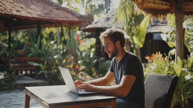 Young digital nomad working remotely on his laptop in Bali Freelancer Man in workation video call Travel and remote online work Outdoor in the garden desk for  remote workers someone a : Generative AI