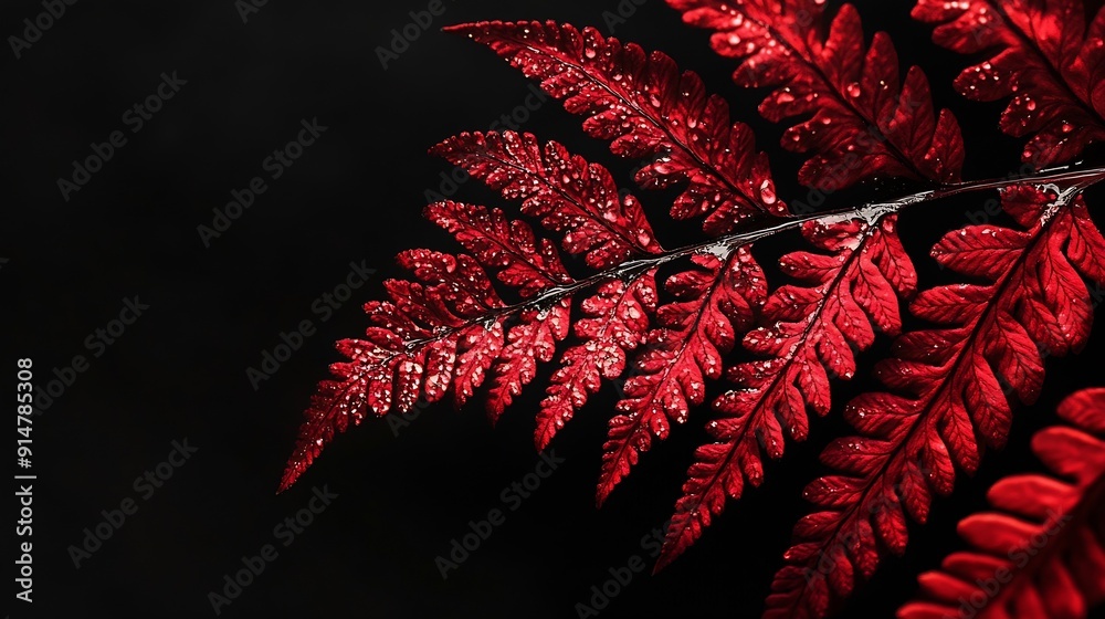 Poster contemporary moody autumn fern close up view photo minimalist black background and vibrant red botan