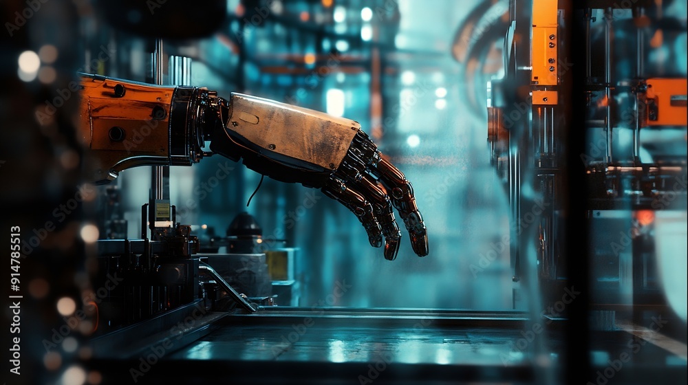 Fototapete MLB Mechanized industry robot arm and factory worker double exposure Concept of robotics technology for industrial revolution and automated manufacturing process : Generative AI