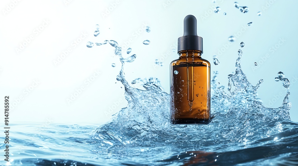 Poster bottle of serum in clean clear water with splashes and waves : generative ai