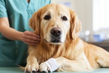 A golden retriever with a bandage on its paw, looking unwell and lying on a veterinary table, with a vet's hand gently comforting it
