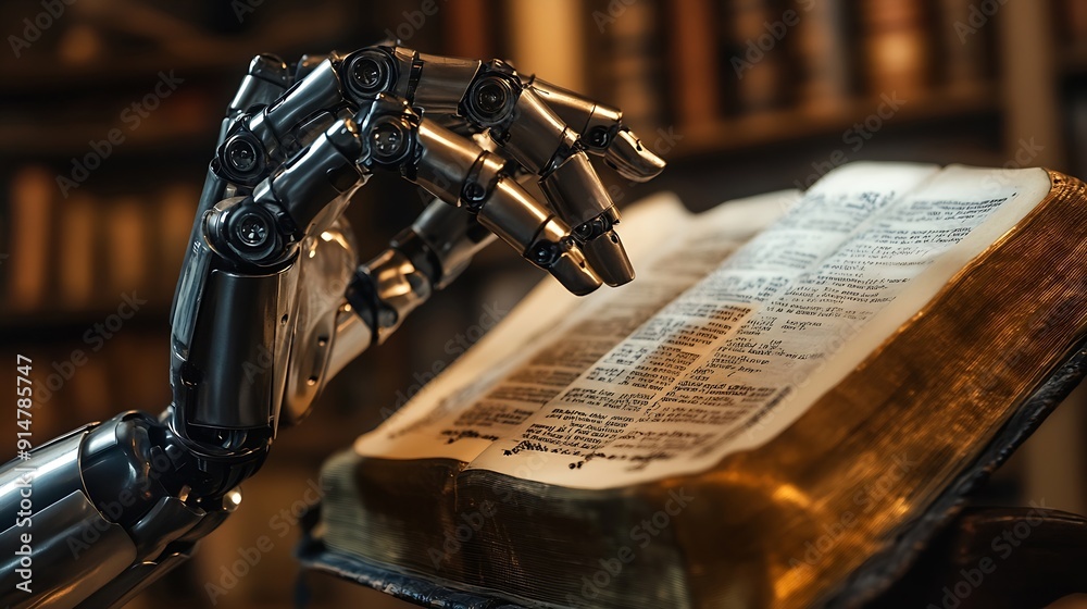 Aufkleber Real robots hand with ancient Bible book Concepts of artificial intelligence development and machine learning : Generative AI