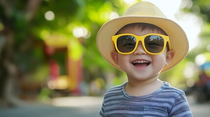 Portrait of Happy Asian Chinese little child boy wearing hat and yellow sunglasses smiling outdoor : Generative AI