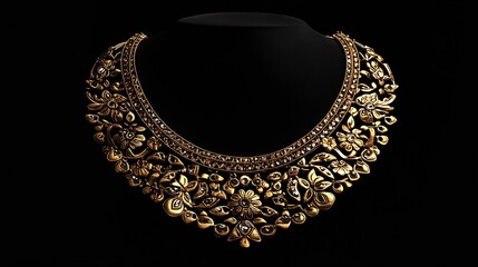 Indian style beautiful Neckless gold jewellery isolated on black background top view Jewellery stock photo : Generative AI