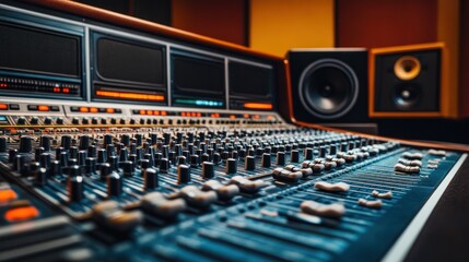 A recording studio control panel mixer with an equalizer faders buttons for broadcasting