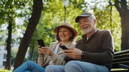 Happy senior couple relaxing together in a city park sitting on a park bench and using a smart phone : Generative AI