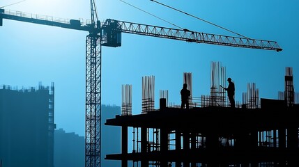 Silhouette Construction site background Hoisting cranes and new multistorey buildings Industrial background Building construction site work against blue sky : Generative AI