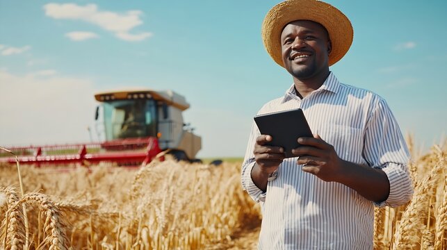 African Farmer holding tablet for combine harvester guidance and control on a background of combine harvesterSmart Farming Agriculture or Cultivation concept : Generative AI
