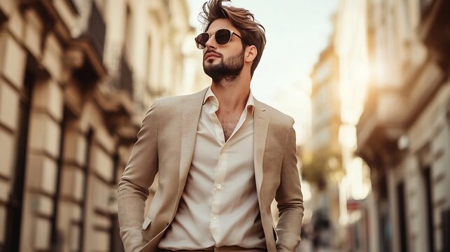 Handsome confident stylish hipster lambersexual modelSexy modern man dressed in elegant beige suit Fashion male posing in the street background in Europe city at sunset In sunglasses : Generative AI