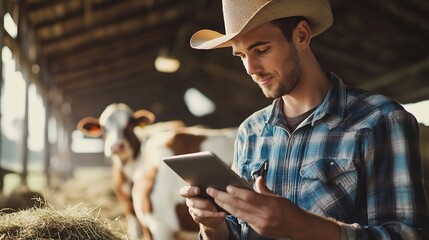 male farmer using tablet for checking on his livestock and quality of milk in the dairy farm Agriculture industry farming and animal husbandry concept Cow on dairy farm eating hayCowsh : Generative AI