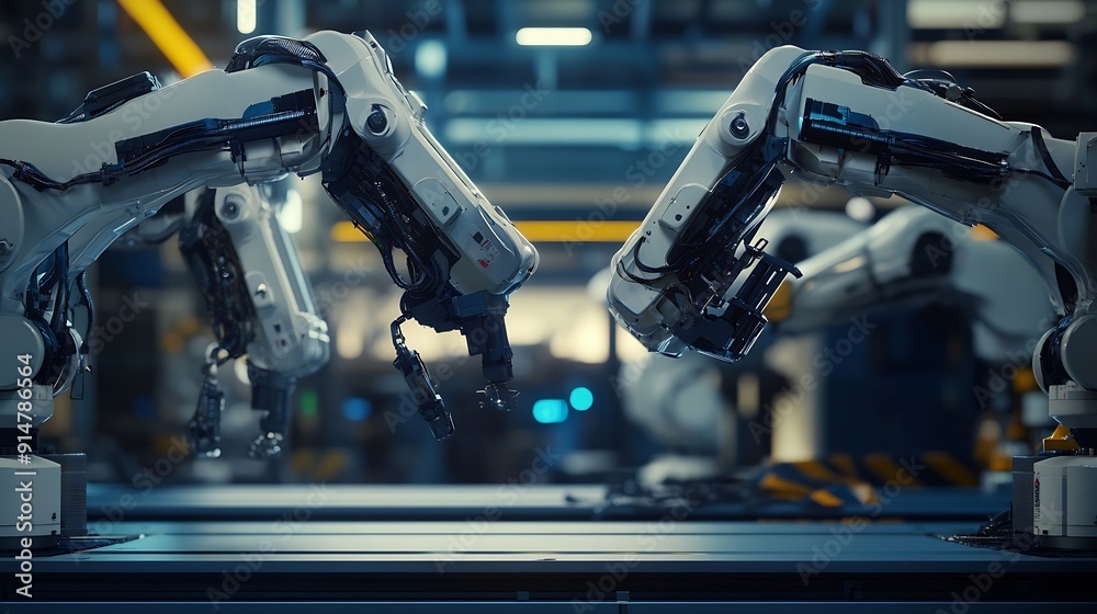Poster MLP Smart industry robot arms for digital factory production technology showing automation manufacturing process of the Industry 40 or 4th industrial revolution and IOT software to con : Generative AI