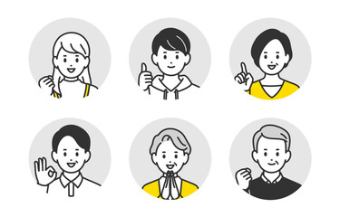 ポジティブな高校生･中年･シニアの顔アイコンセット【人物ベクターイラスト素材】