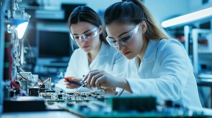 Two female engineers working with computer chips in electronics lab : Generative AI