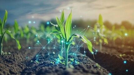 Maize seedling in cultivated agricultural field with graphic concepts modern agricultural technology digital farm smart farming innovation : Generative AI