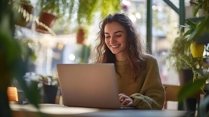 Smiling Woman Working on Laptop at a Cafe During Daytime : Generative AI