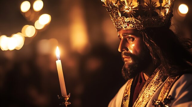 Beautiful image of a Nazarene and his candle in procession : Generative AI