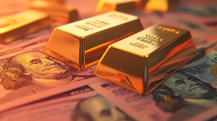 Gold bars above new 100 dollar banknotes Saving concept economy : Generative AI