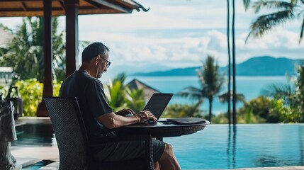 Senior digital nomad man working at luxury villa in Phuket andaman sea as background : Generative AI