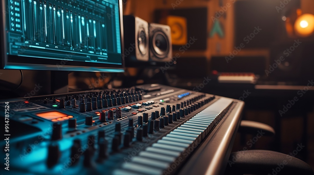 Aufkleber Empty studio at home equipped with mixing soundboard panel and other musical instruments music industry recording Modern space with electronic controls and daw software on pc Camera A : Generative AI