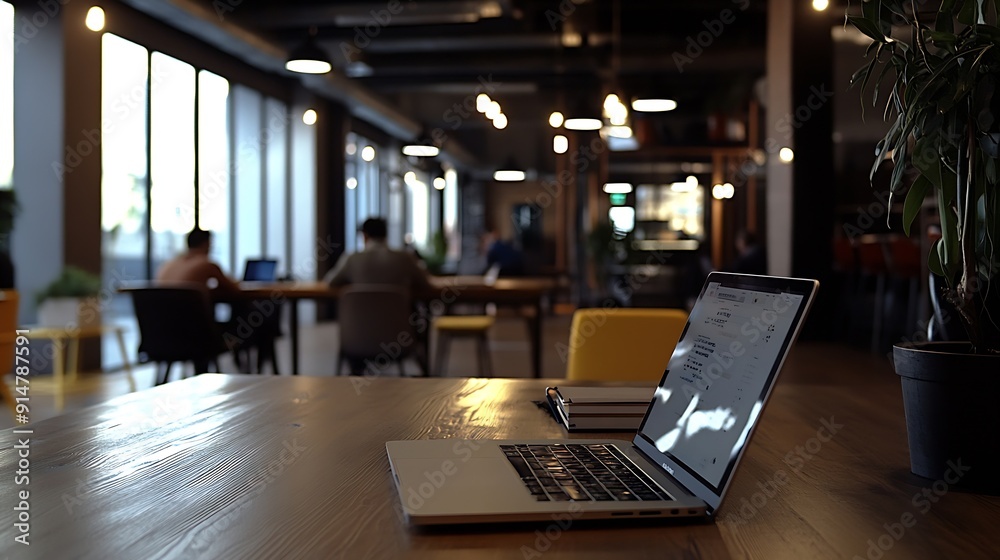 Poster spacious coworking office in madrid spain showcasing a blend of modern design with industrial elemen