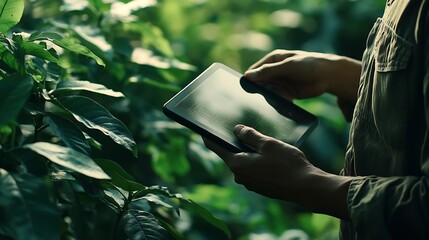 Closeup farmer collecting data of trees cultivation with technological tablet Worker inspecting plants quality modern device on farmland countryside plantation Agribusiness organic foo : Generative AI
